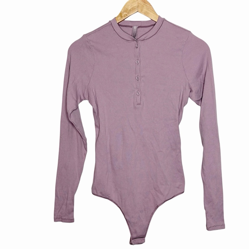 Skims Henley Long Sleeve Ribbed Bodysuit Lavender Mauve Womens XL Fitted Cotton